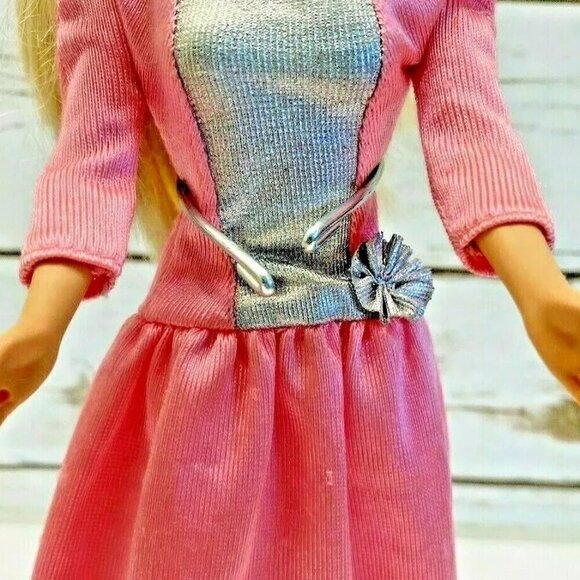 MATTEL BARBIE Blonde Hair Blue Eyes Pink Gray Long Dress 12" Tall - Picture 3 of 12